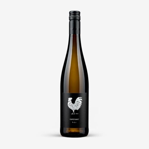 Eine dunkle Weinflasche mit einem schwarzen Etikett, das einen weiß illustrierten Hahn und den Text "EUPHORIA!" und "Dry Riesling" zeigt. Die Flasche hat einen schwarzen Schraubverschluss und ist vor einem schlichten weißen Hintergrund platziert.
