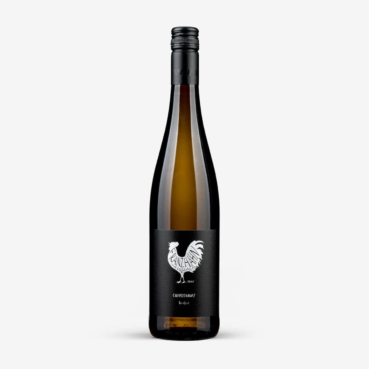 Eine dunkle Weinflasche mit einem schwarzen Etikett, das einen weiß illustrierten Hahn und den Text "EUPHORIA!" und "Dry Riesling" zeigt. Die Flasche hat einen schwarzen Schraubverschluss und ist vor einem schlichten weißen Hintergrund platziert.