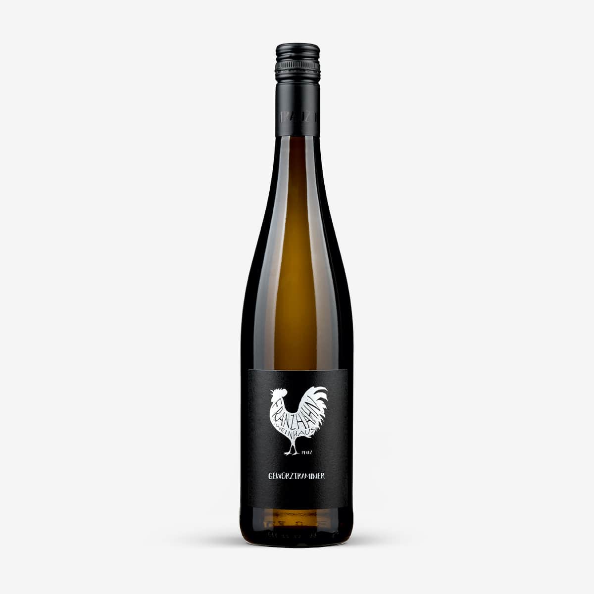 Hohe, dunkle Glasflasche mit schwarzem Schraubverschluss und schwarzem Etikett mit weißer Hahngrafik und den Aufschriften GRAVENZAWINZ" und GRÜNER VELTLINER".