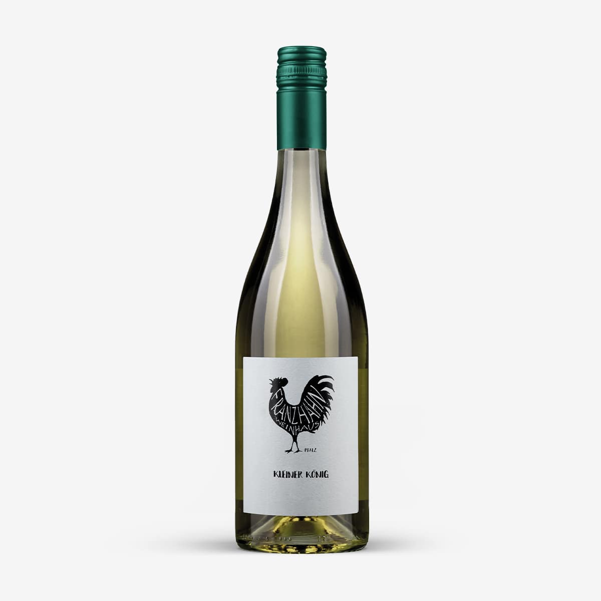 Eine Flasche Weißwein mit einem grünen Schraubverschluss. Auf dem Etikett ist ein schwarzer Hahn abgebildet und der Text lautet "ANNALISA" und "NIMBLE KING". Der Hintergrund ist einfarbig weiß.