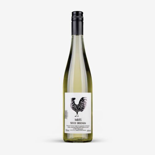 Eine 750ml Klarglasflasche Weiss Secco (10,5% ABV) mit einem schwarzen Schraubverschluss. Das Etikett zeigt einen schwarzen Hahn und "Weiss Secco Trocken".