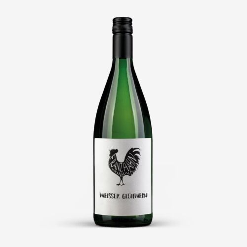 Eine Weinflasche aus grünem Glas mit schwarzem Verschluss und weißem Etikett mit schwarzem Hahn und der Aufschrift "Weisser Glühwein".
