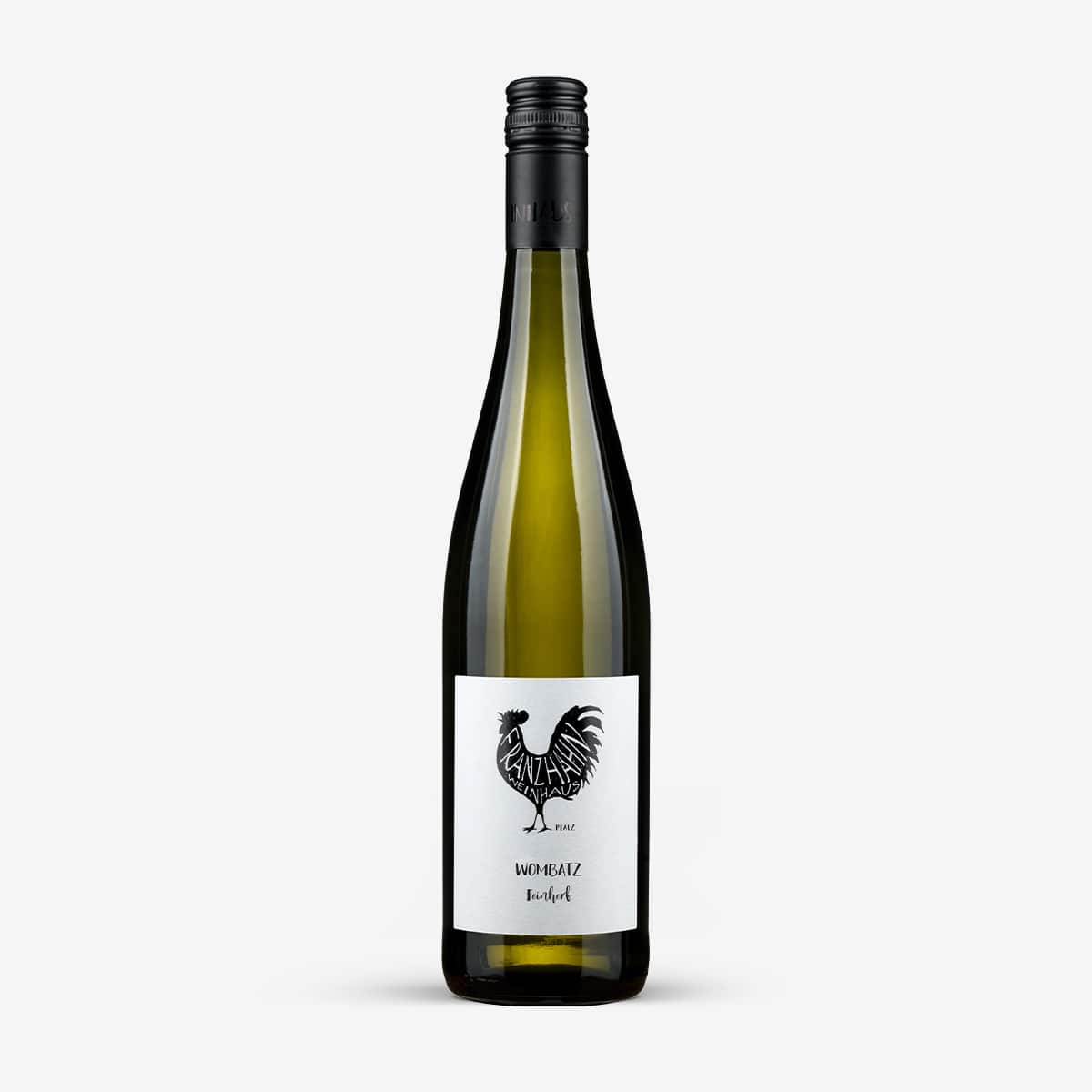 Eine hohe, grünliche Weinflasche mit schwarzem Schraubverschluss. Auf dem weißen Etikett ist ein schwarzer Hahn abgebildet und der Text "VID BEAUZ" und "Riesling". Die Flasche ist vor einem schlichten weißen Hintergrund abgebildet.