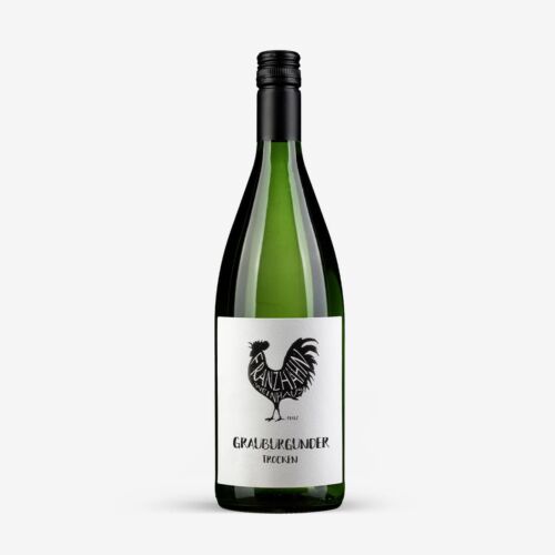 Grüne Grauburgunder-Weinflasche mit schwarzem Schraubverschluss und weißem Etikett mit schwarzem Hahn und dem Text "GRAUBURGUNDER TROCKEN" auf weißem Hintergrund.