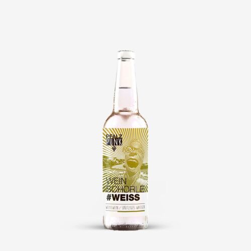 Eine durchsichtige Glasflasche mit einem gelb-weißen Etikett, auf dem "Crazy Punk" und "#WEISS" sowie ein illustriertes schreiendes Gesicht mit Strahlen im Hintergrund abgebildet sind, enthält Schorle Weiss - ein Weiss-Getränk, das mit gespritztem Wasser gemischt wird.