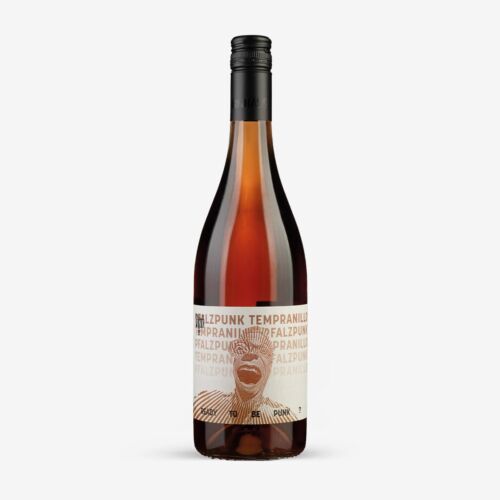 Eine Flasche Tempranillo Rosé mit einem schwarzen Schraubverschluss und einem Etikett mit der Aufschrift "PFALZPUNK TEMPRANILLO". Das weiße Etikett zeigt ein fettes, stilisiertes Gesicht und einen sich wiederholenden Text in Beige- und Brauntönen.