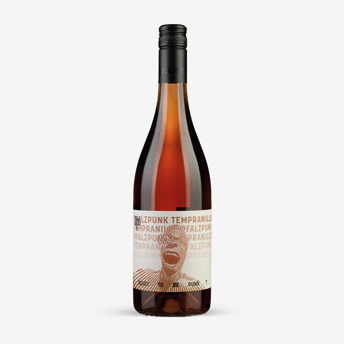 Eine Flasche Tempranillo Rosé mit einem schwarzen Schraubverschluss und einem Etikett mit der Aufschrift "PFALZPUNK TEMPRANILLO". Das weiße Etikett zeigt ein fettes, stilisiertes Gesicht und einen sich wiederholenden Text in Beige- und Brauntönen.
